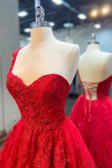 Red Lace Long A-Line Prom Dresses, One Shoulder Evening Dresses