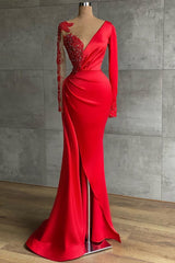 Red Long Sleeve V-Neck Mermaid Prom Dresses Online With Beadings