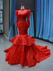 Red Mermaid Lace High Neck Long Sleeve Backless Haute Couture Prom Dresses