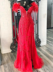 Red Mermaid Off the Shoulder Appliques Feather Prom Dresses