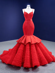 Red Mermaid Satin Tulle Spaghetti Straps Prom Dress