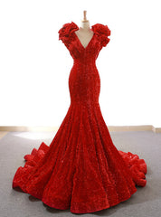 Red Mermaid Sequins Deep V-neck Prom Dresses With Train