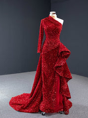 Red Mermaid Sequins Long Sleeve Backless High Neck Pleats Prom Dress