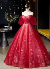 Red Off Shoulder Tulle Sweetheart Party Dresses, Red Ball Gown Sweet 16 Dresses