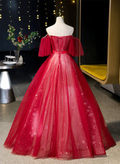 Red Off Shoulder Tulle Sweetheart Party Dresses, Red Ball Gown Sweet 16 Dresses