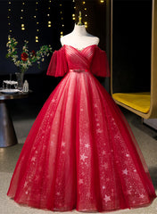 Red Off Shoulder Tulle Sweetheart Party Dresses, Red Ball Gown Sweet 16 Dresses