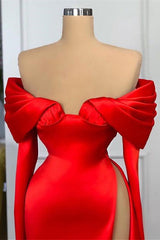 Red Off-the-Shoulder Long Sleeves Prom Dresses Mermaid With High Split