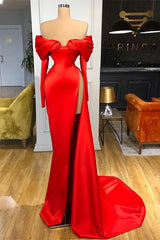 Red Off-the-Shoulder Long Sleeves Prom Dresses Mermaid With High Split