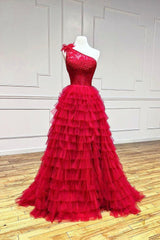 Red One Shoulder Tulle Layers Long Prom Dresses with Lace, A-Line Evening Party Dresses