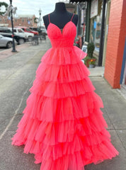 Red Red Spaghetti Straps Tiers Prom Dresses