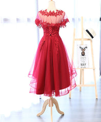 Red Round Neck Lace Tulle Short Prom Dresses