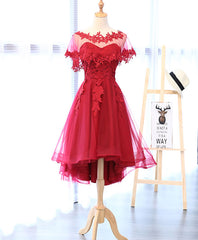 Red Round Neck Lace Tulle Short Prom Dresses