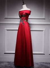 Red Satin Long A-line Prom Dresses Off Shoulder Party Dresses, Red Bridesmaid Dresses