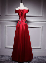 Red Satin Long A-line Prom Dresses Off Shoulder Party Dresses, Red Bridesmaid Dresses