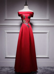 Red Satin Long A-line Prom Dresses Off Shoulder Party Dresses, Red Bridesmaid Dresses