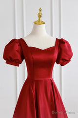 Red Satin Long Prom Dress, Simple A-Line Short Sleeve Evening Party Dress