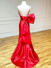 Red Satin Mermaid V Neck Long Prom Dresses With Bow Tie