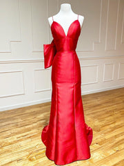 Red Satin Mermaid V Neck Long Prom Dresses With Bow Tie