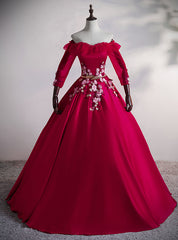 Red Satin Short Sleeve Appliques Quinceanera Dress