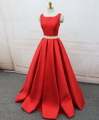 Red Satin Two Pieces Long Prom Dresses Red Long Evening Dresses