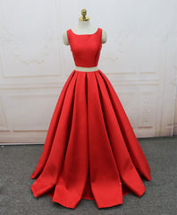 Red Satin Two Pieces Long Prom Dresses Red Long Evening Dresses