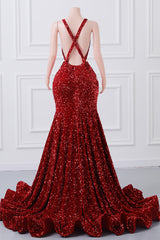 Red Sequin Mermaid Prom Dresses Luxury Silver Crystal Beaded Sheer Neck Long Formal Party Evening Gowns for Black Girls