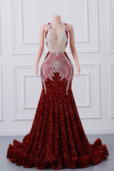 Red Sequin Mermaid Prom Dresses Luxury Silver Crystal Beaded Sheer Neck Long Formal Party Evening Gowns for Black Girls