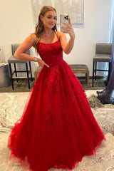 red spaghetti straps long prom dress with appliques