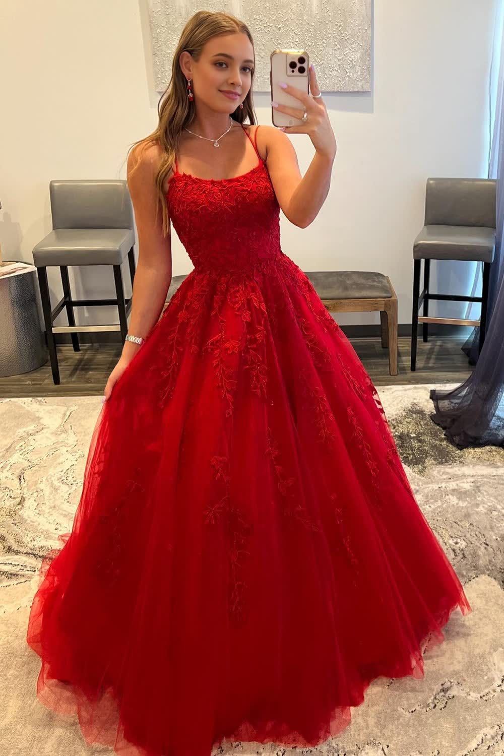 red spaghetti straps long prom dress with appliques