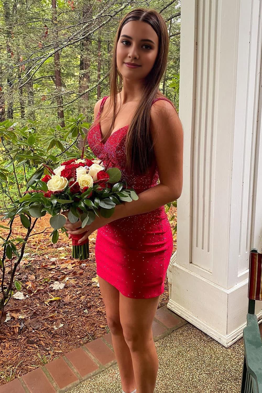 Red Spaghetti Straps Tight Homecoming Dress