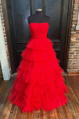 Red Strapless Tulle Layers Long Prom Dresses, A-line Sweetheart Red Evening Dresses