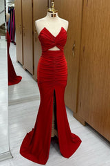 Red Strapless Twisted Knot Mermaid Long Formal Dress with Slit