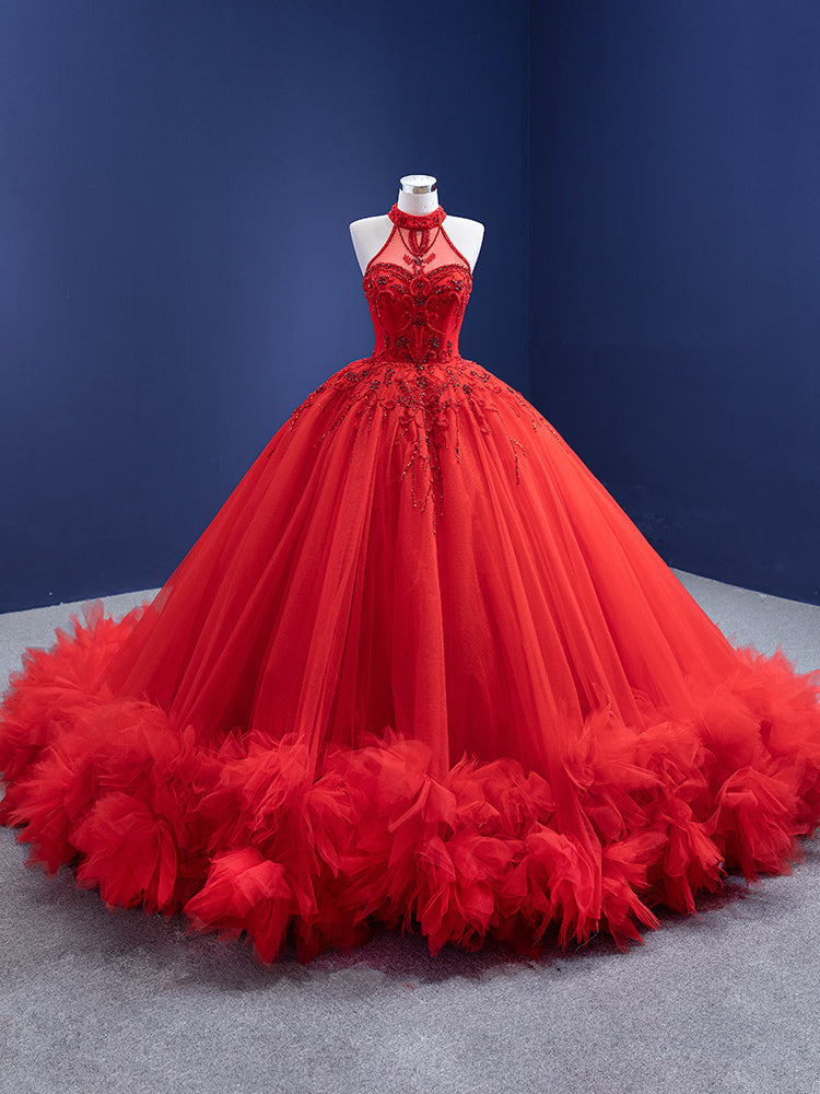 Red Tulle Halter Backless Beading Crystal Prom Dress