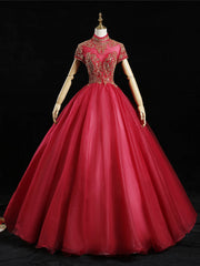 Red Tulle High Neck Cap Sleeve Beading Quinceanera Dresses