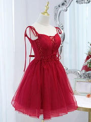 Red Tulle Lace Short Prom Dresses Red Lace Puffy Homecoming Dresses