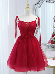 Red Tulle Lace Short Prom Dresses Red Lace Puffy Homecoming Dresses