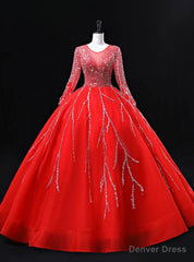 Red Tulle Long Sleeve Beading Sequins Backless Quinceanera Dress