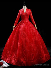 Red Tulle Long Sleeve V-neck Backless Quinceanera Dress