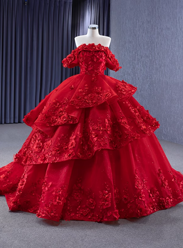 Red Tulle Off the Shoulder 3D Appliques Prom Dress