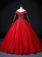 Red Tulle Off the Shoulder Beading Quinceanera Dress