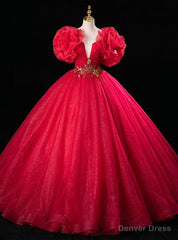 Red Tulle Sequins Beading Pearls Quinceanera Dress