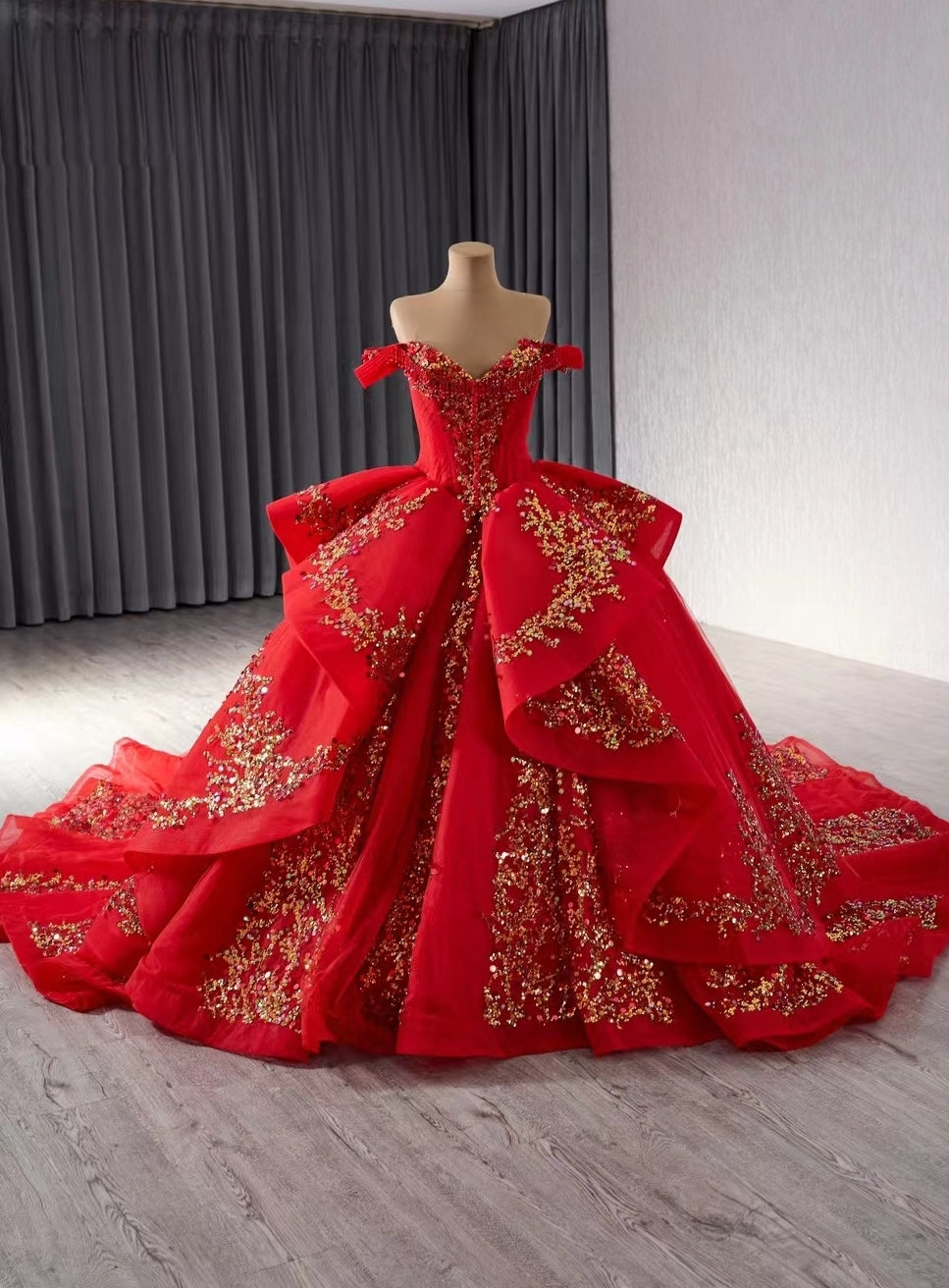 Red Tulle Sequins Off the Shoulder Prom Dress