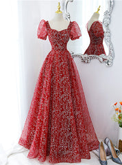 Red Tulle Sequins Square Puff Sleeve Prom Dresses