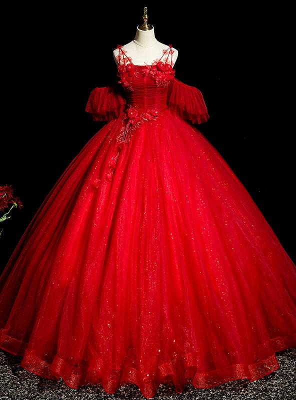 Red Tulle Sequins Straps Flower Pleats Quinceanera Dress