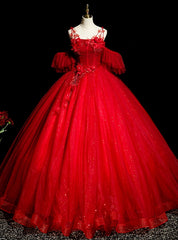 Red Tulle Sequins Straps Flower Pleats Quinceanera Dress