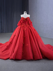 Red Tulle Strapless 3D Flower Prom Dresses