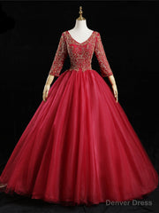 Red Tulle V-neck Long Sleeve Beading Quinceanera Dress