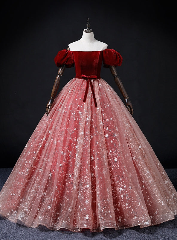 Red Tulle Velvet Off the Shoulder Quinceanera Dress