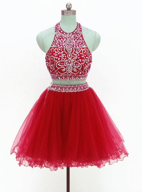 Red Two Piece Halter Tulle Backless Beading Homecoming Dress