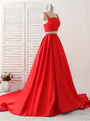 Red Two Pieces Satin Long Prom Dresses Simple Red Evening Dresses